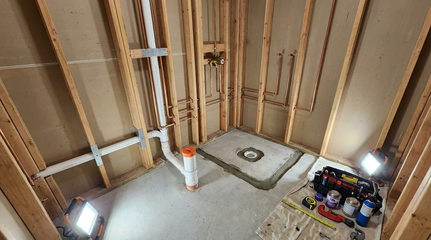 Bathroom rough-in plumbing during remodel by Johns Plumbing LLC in Easley