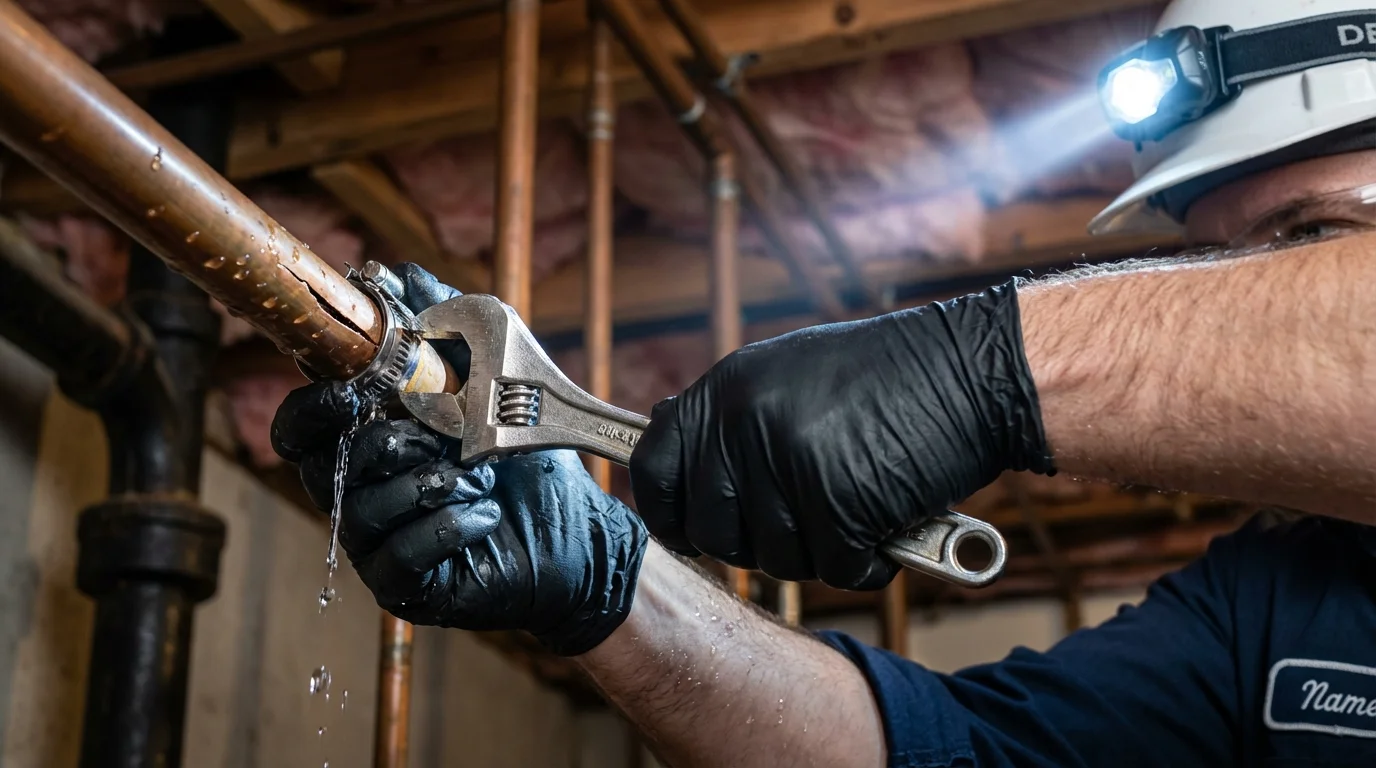 Emergency pipe clamp repair being performed by a Johns Plumbing LLC plumber in Easley