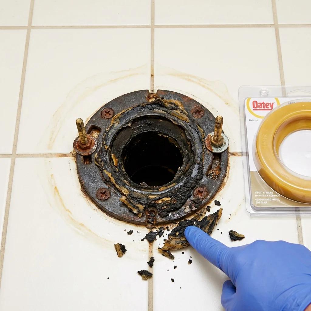 Failed wax ring showing water seepage at the base of a toilet in a Easley, SC home